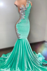 Turquoise Mint Green Rhinestone Sparkly Mermaid Velvet Prom Evening Dress AL3018